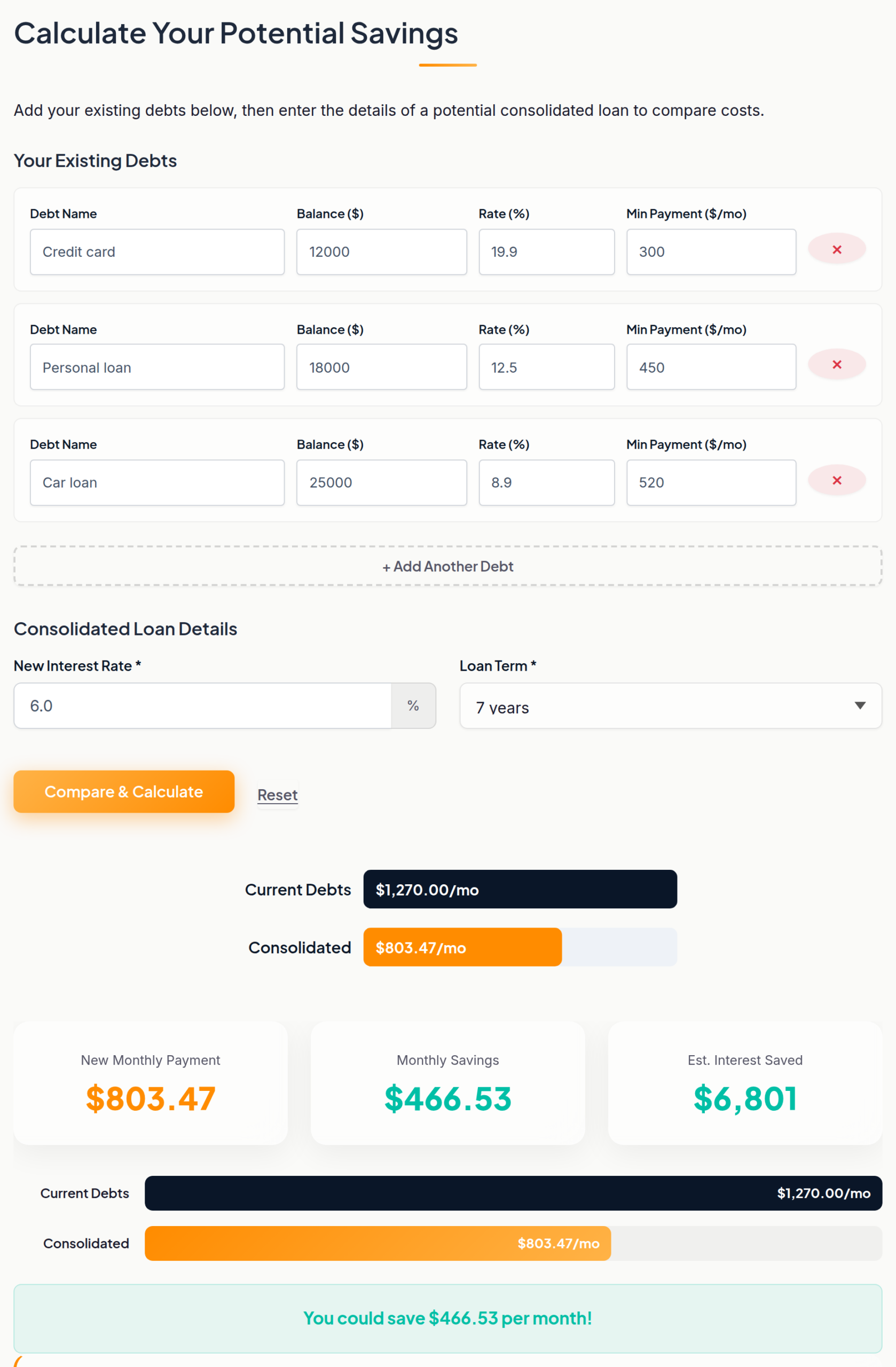Debt consolidation calculator comparing three existing debts against one consolidated loan