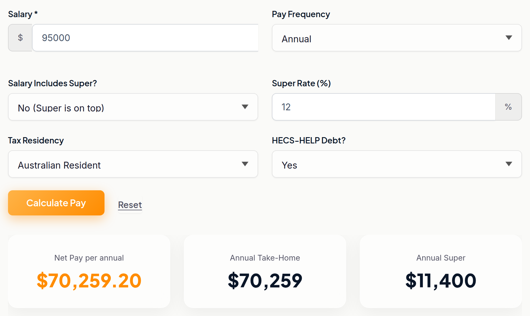Pay calculator showing take-home pay on a $95,000 salary with HECS-HELP